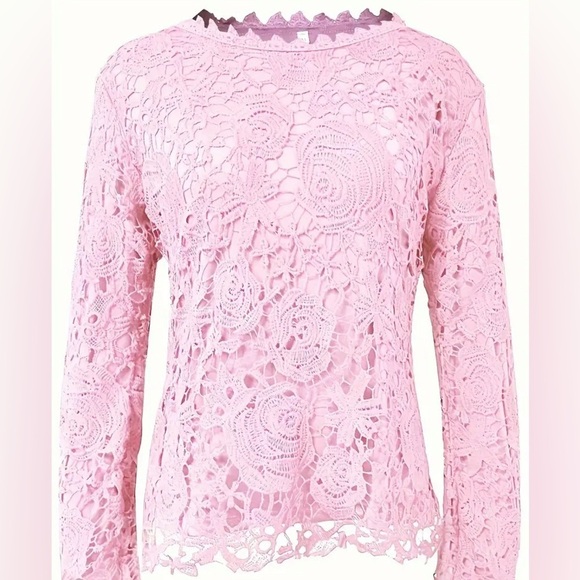 NEW-Cutout Floral Lace Crew Neck Blouse, Elegant Long Sleeve Blouse Spring-Fall - Picture 2 of 8